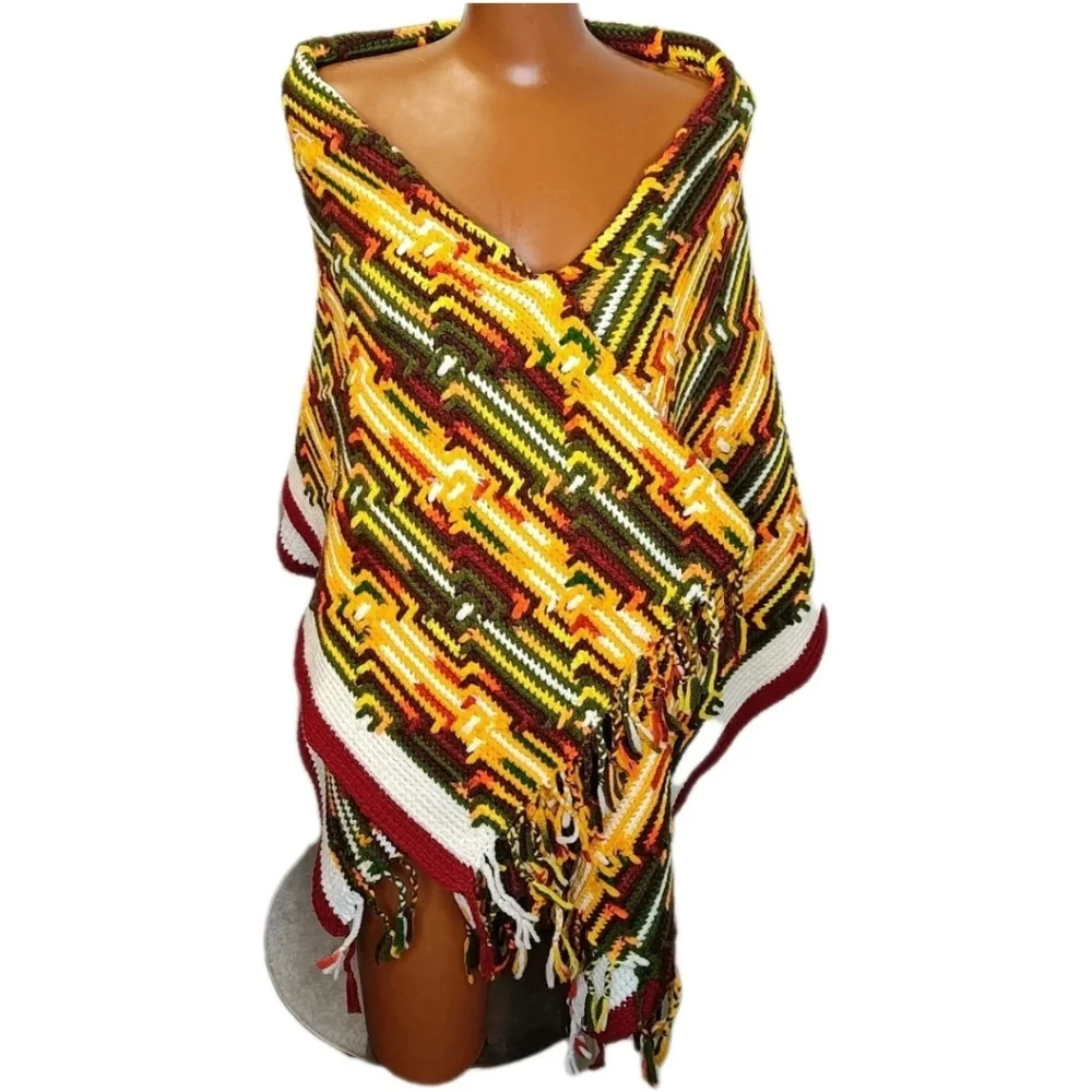 Retro 70s Fringed Crochet Blanket Scarf Wrap Shawl Handmade Lap Throw Fall 36/72